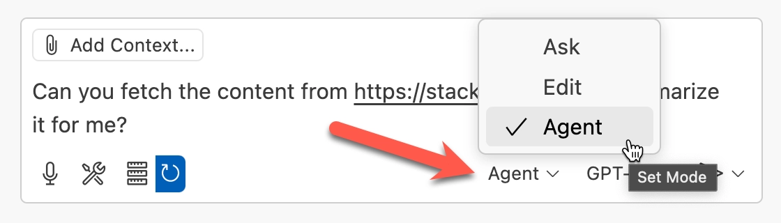 VS Code Copilot agent mode selection